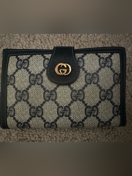 Gucci Handbags - Gucci Beige and Navy Blue  GG Canvas Wallet with Gold Double G Accent